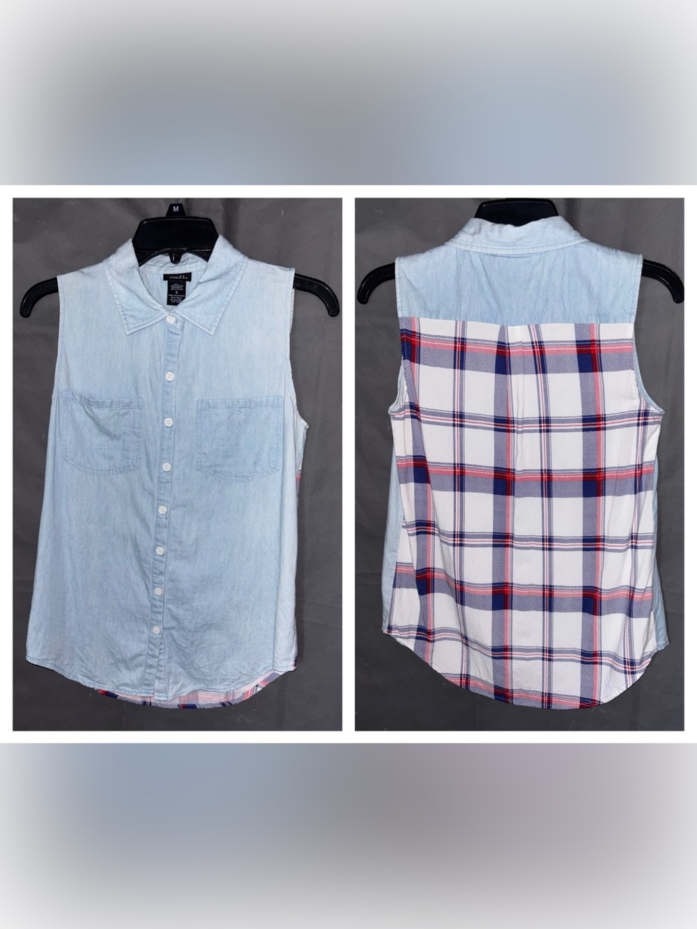 Rue 21 Sz S Button-Up Sleeveless Collared Solid Front Patriotic Plaid Back Shirt